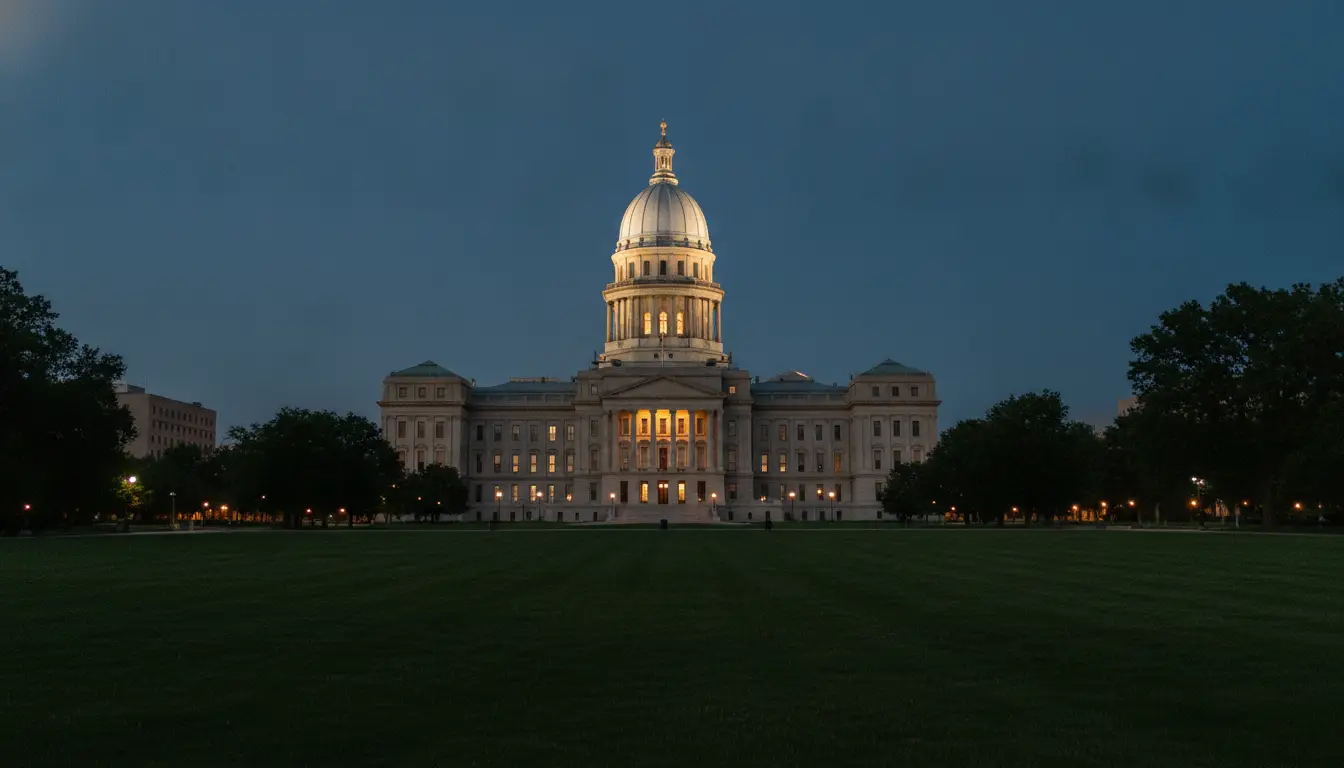 A state capitol dome lit warm against the dusk sky