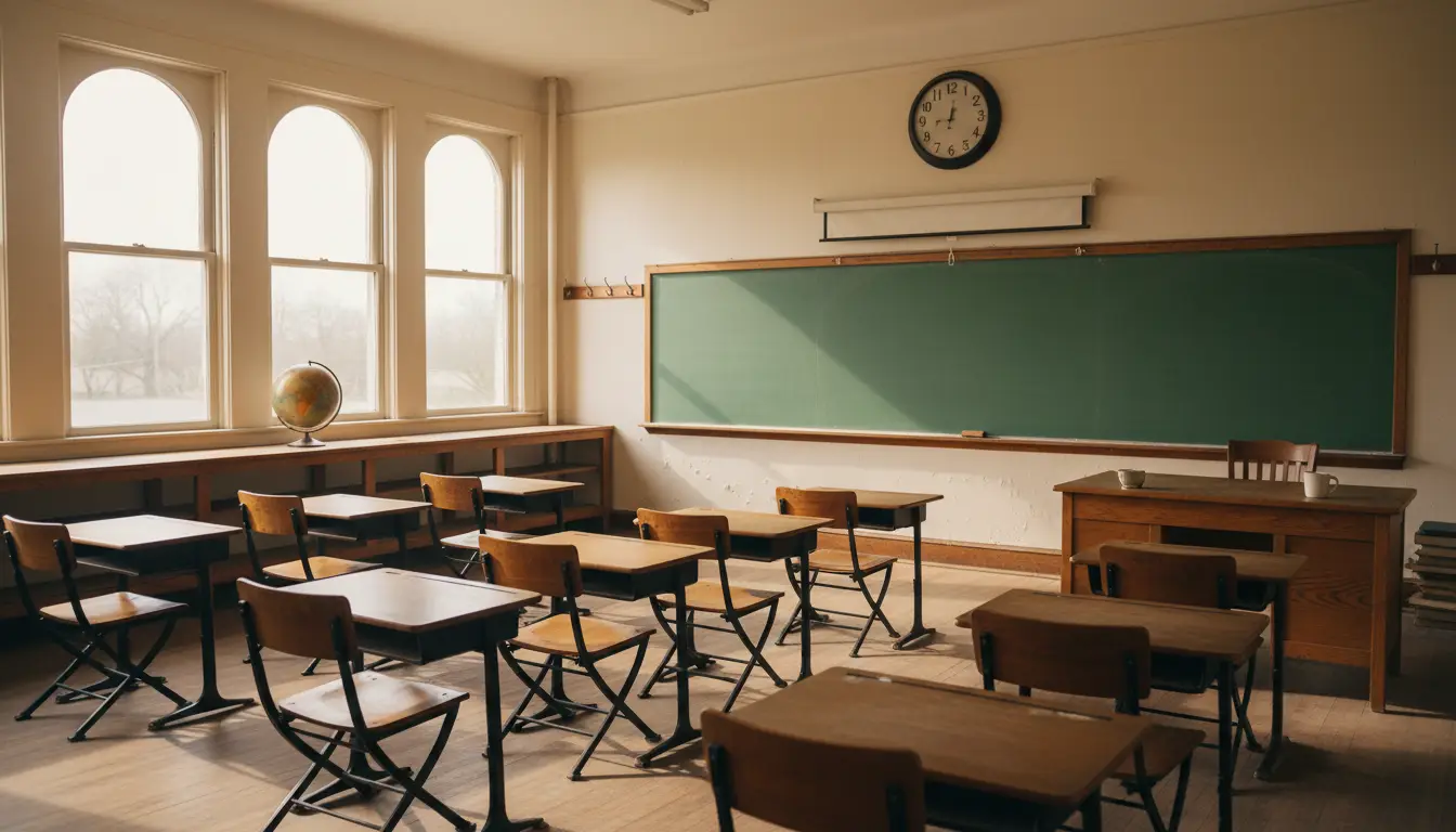 An empty small-town classroom with wooden desks in morning light