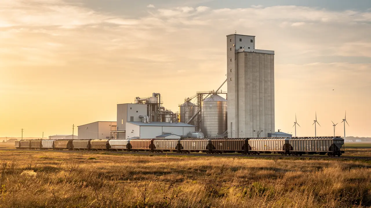 An ethanol plant and grain elevator on the central Illinois prairie at sunset