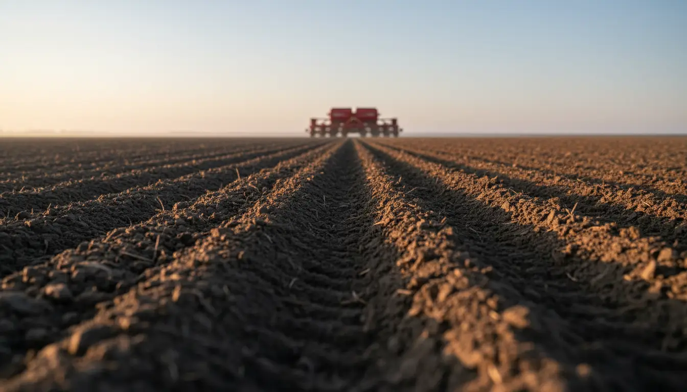 Freshly planted rows of dark central Illinois soil running to a flat horizon