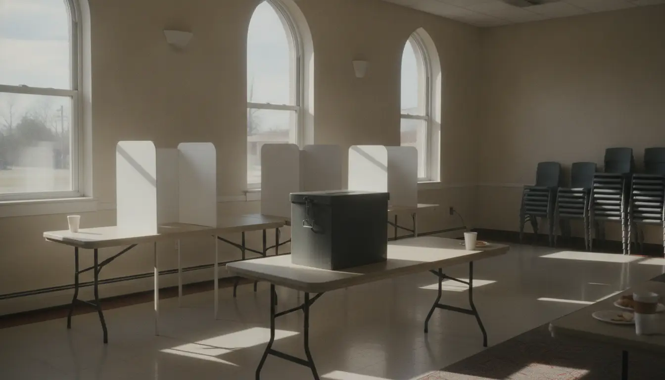 Voting booths and a ballot box in a quiet small-town polling place
