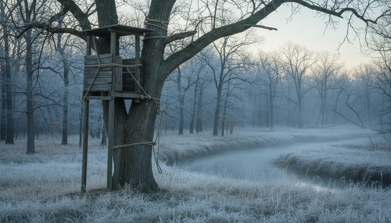 A tree stand on a cottonwood at the edge of creek-bottom timber at frosty dawn
